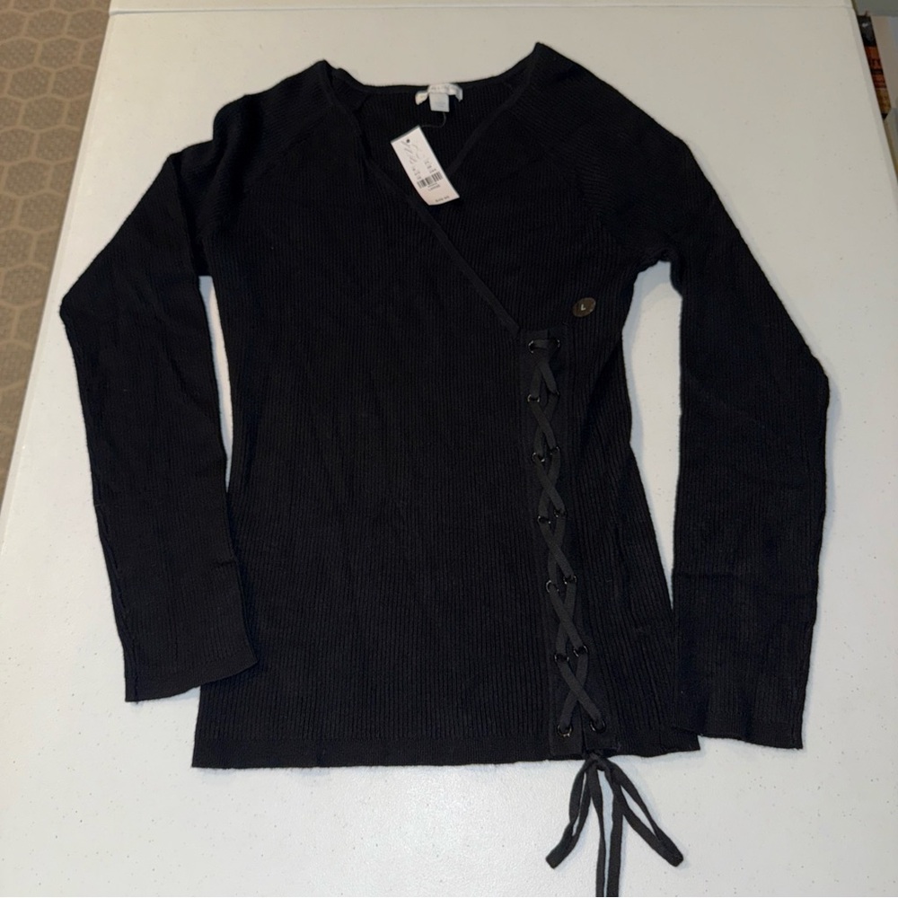 New York & Company Solid Black‎ Ribbed Sweater Size Large NEW NWT Tie On Side